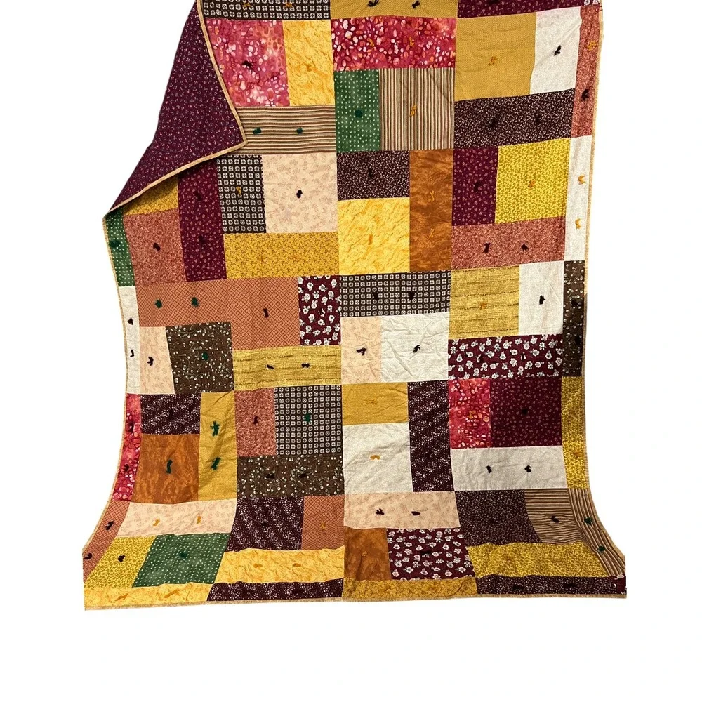 Handmade Full Size Quilt 70x84 Earth Tone Patchwork Tied Farmhouse Bedding